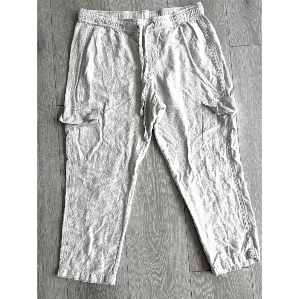 Calvin Klein Linen Blend Cargo Pants Tan Pinstripe Drawstring Elastic Waist Mens